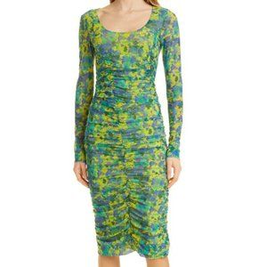 Ganni Sulphur Springs Green, Blue, and Yellow Print Ruched Midi Dress, Size 36